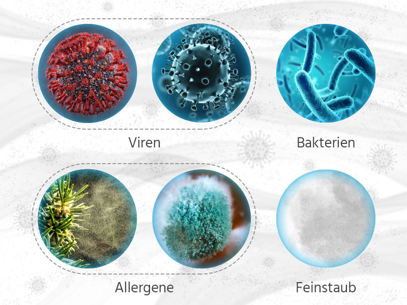 Mikroskop-Bilder von Viren, Bakterien, Allergenen und Feinstaub