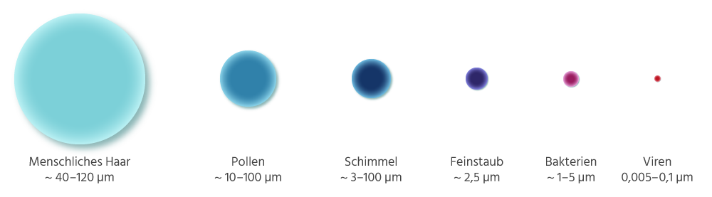 Abbildung unterschiedlich großer Partikel, vom menschlichen Haar bis hin zu gut 10.000-fach kleineren Viren