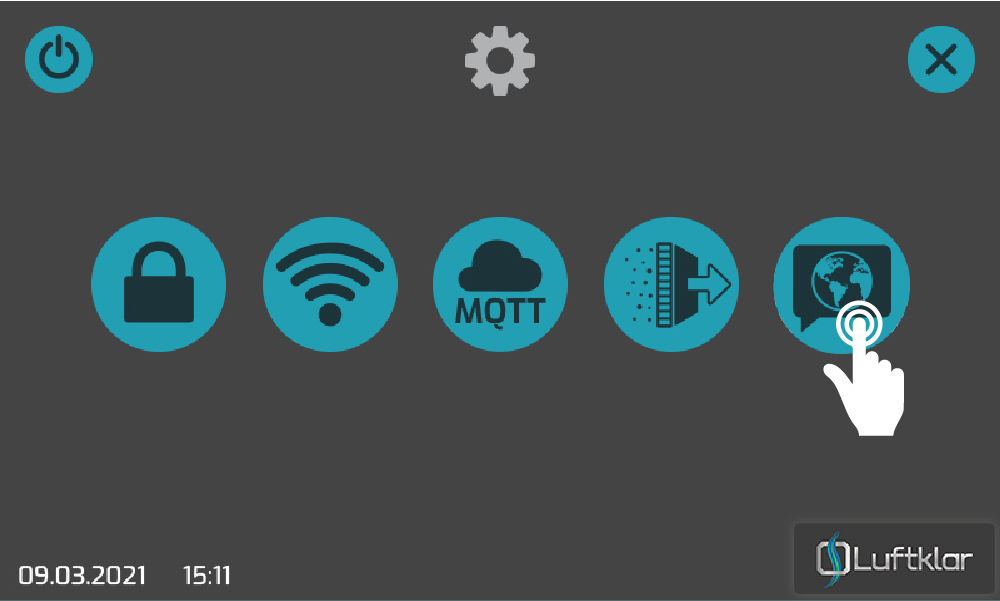 Über das Intermenü "Einstellmöglichkeiten" können Zugriffschutz, WLAN- und MQTT-Verbindungen, Filterwechsel und Spracheinstellung gesteuert werden Luftklar-Display zeigt Untermenü "Einstellmöglichkeiten"